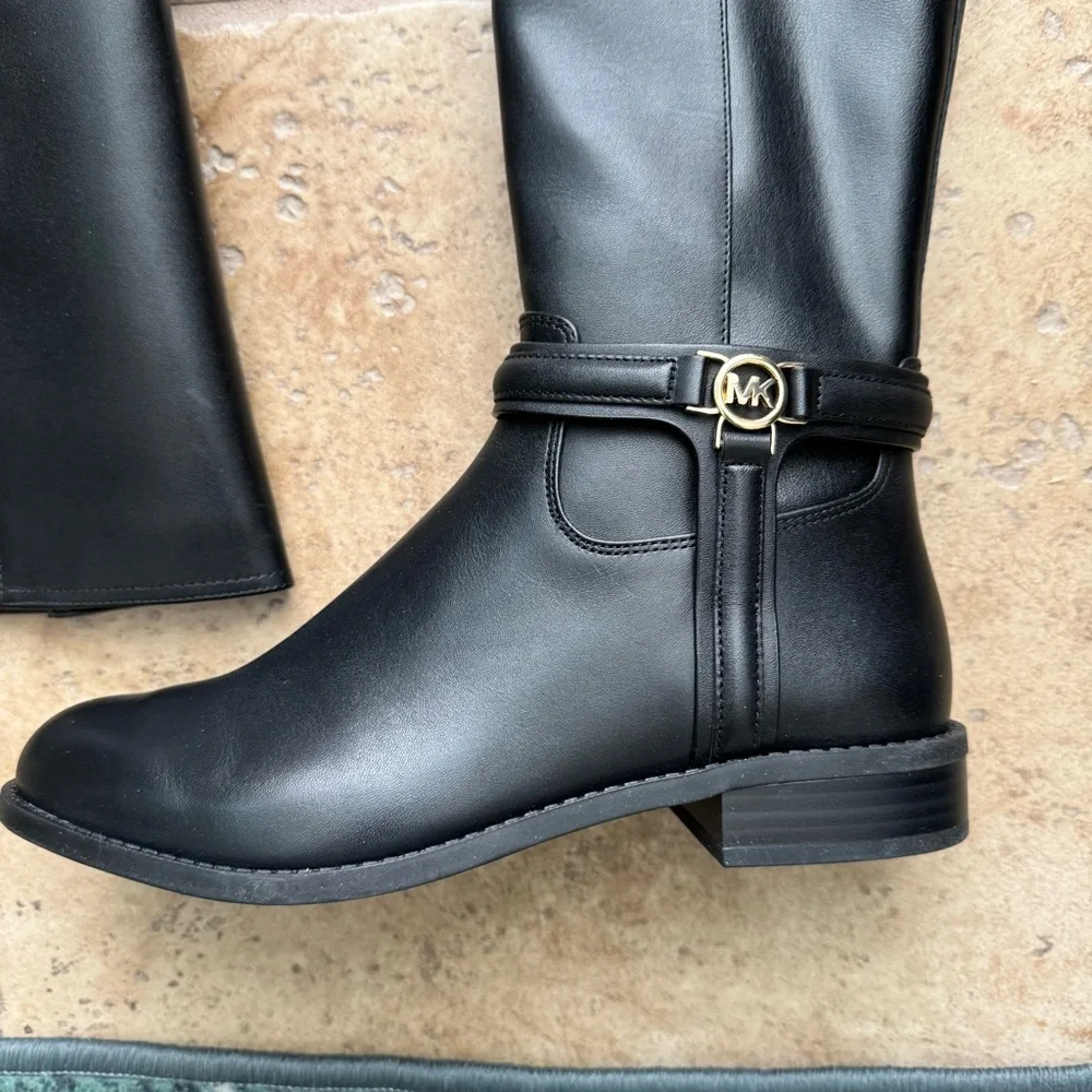 NIB Michael Kors Mindy Leather Equestrian Style Bombe Tall Black Boot Size 7